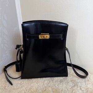 VTG Leather School Florence Black Crossbody Bag Gold Hardware Italy Monogramed
